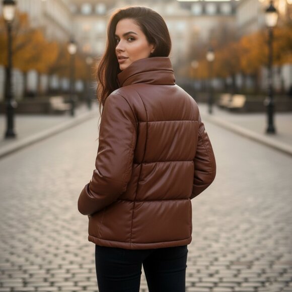 🔥STEVE MADDEN Women Faux Leather Jacket (M) Brown Quilted TRENDY - Picture 6 of 7